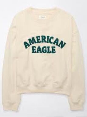 American Eagle Outfitters Cream Crewneck with Green Chest Logo